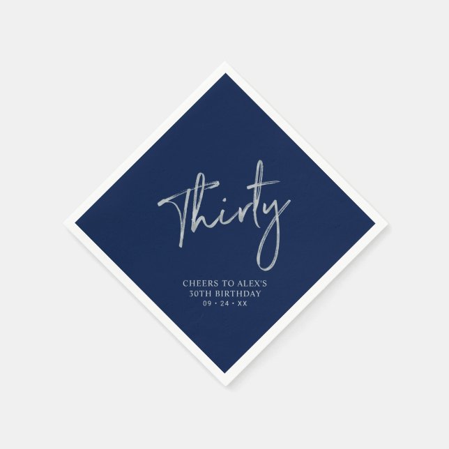 Silver & Navy Blue Thirty 30th Birthday Party Napkin (Corner)