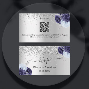 Silver navy blue wedding website RSVP QR code Enclosure Card