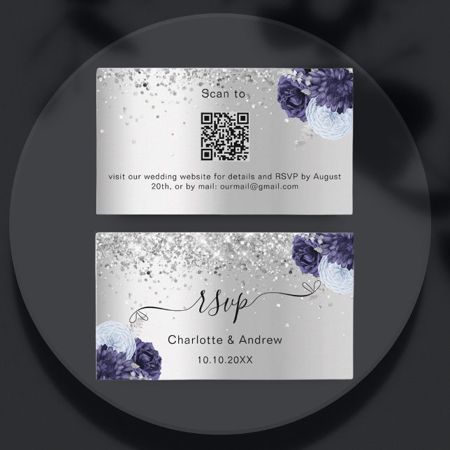 Silver navy blue wedding website RSVP QR code Enclosure Card (Creator Uploaded)