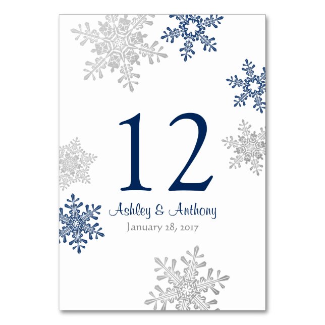 Silver Navy Blue White Snowflakes Winter Wedding Table Number (Front)