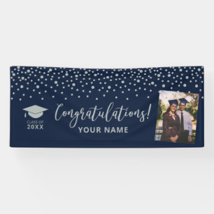 Silver & Navy Confetti Congratulation Graduation Banner