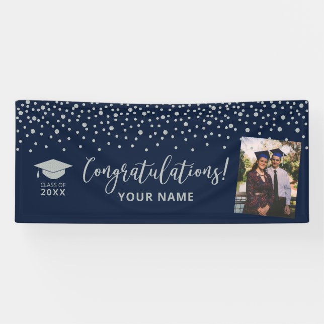 Silver & Navy Confetti Congratulation Graduation Banner (Horizontal)