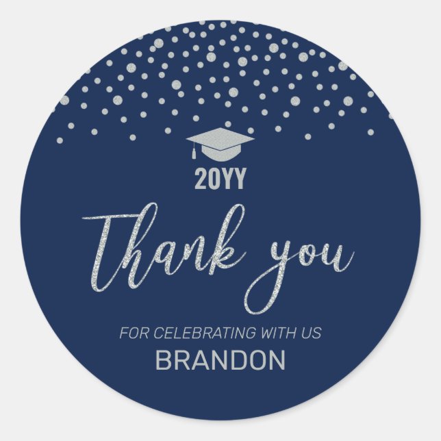 Silver & Navy Confetti Graduation Party Favor Classic Round Sticker (Front)