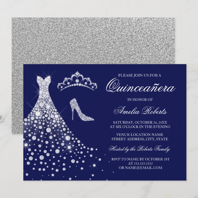 Silver Navy Diamond Dress Tiara Quinceanera Invitation (Front/Back)