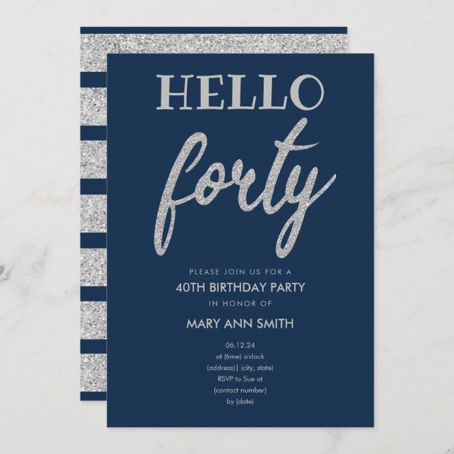 Silver Navy Glitter "Hello Forty" Birthday Party Invitation (Front/Back)