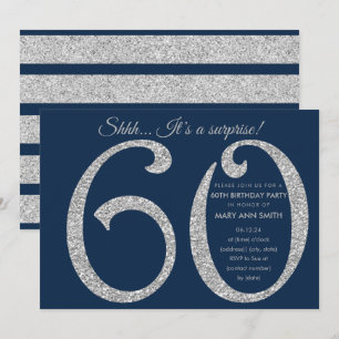 Silver Navy Glitter Surprise 60th Birthday Party Invitation