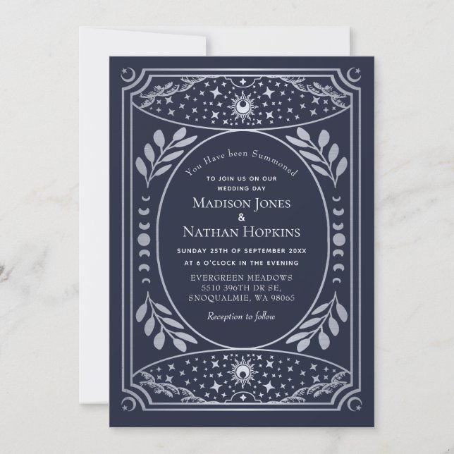 Silver & Navy Gothic Vintage Tarot Wedding QR Invitation (Front)