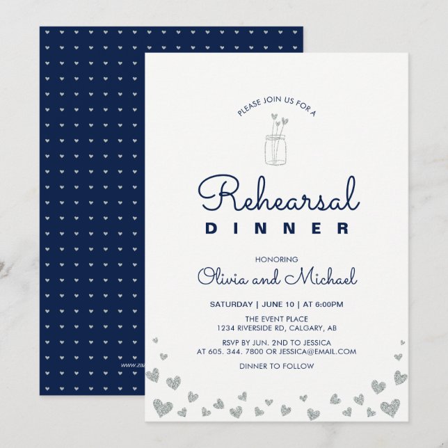 Silver & Navy | Hearts Rehearsal Dinner Invitation (Front/Back)