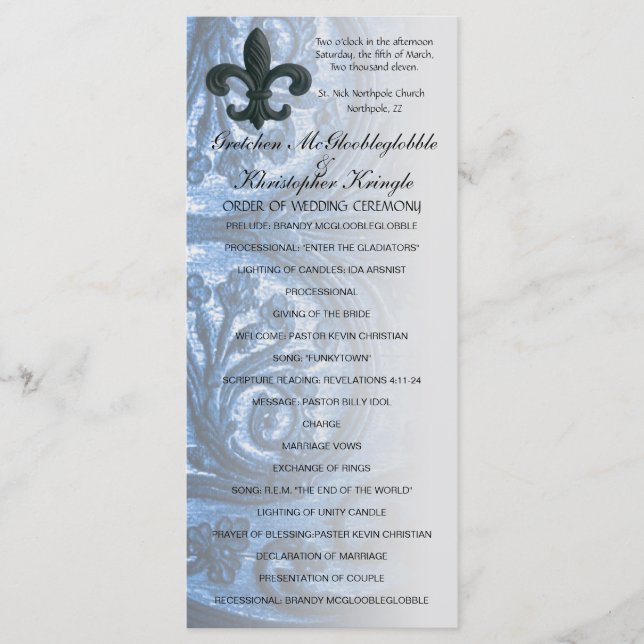 silver/navy "iron fleur de lis" WEDDING PROGRAM Programme (Front)