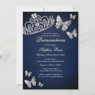Silver Navy Jewel Tiara Butterfly Quinceanera Invitation