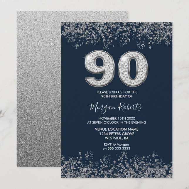 Silver & Navy Mens Womans 90th Birthday Party Invitation (Front/Back)