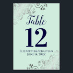 Silver, Navy & Mint Green Elegant Frilly Wedding Table Number<br><div class="desc">These beautiful wedding table number cards feature a simple yet elegant design with navy blue script calligraphy on a pale green or neo mint coloured background with a frilly silver grey faux foil floral filigree in the corners. Perfect way to make your wedding reception beautiful and help your guests find...</div>