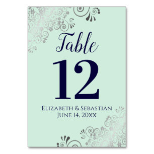 Silver, Navy & Mint Green Elegant Frilly Wedding Table Number