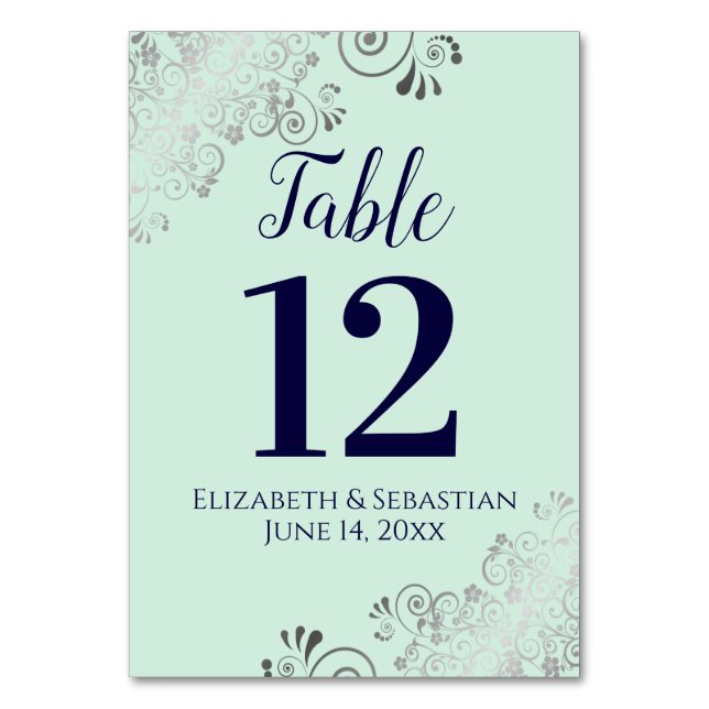 Silver, Navy & Mint Green Elegant Frilly Wedding Table Number (Front)