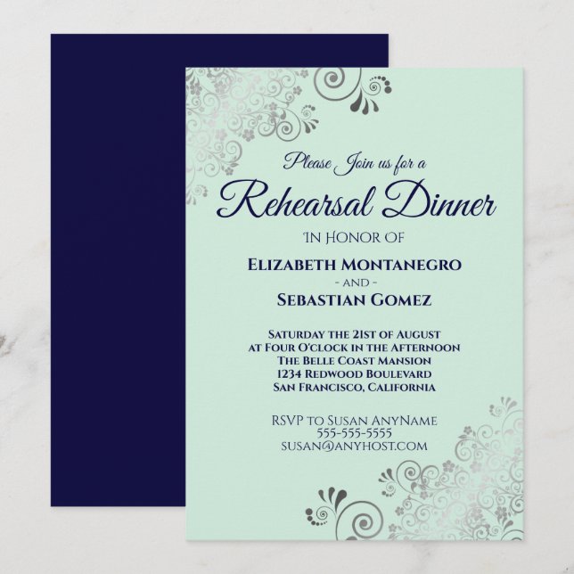 Silver Navy & Mint Green Wedding Rehearsal Dinner Invitation (Front/Back)