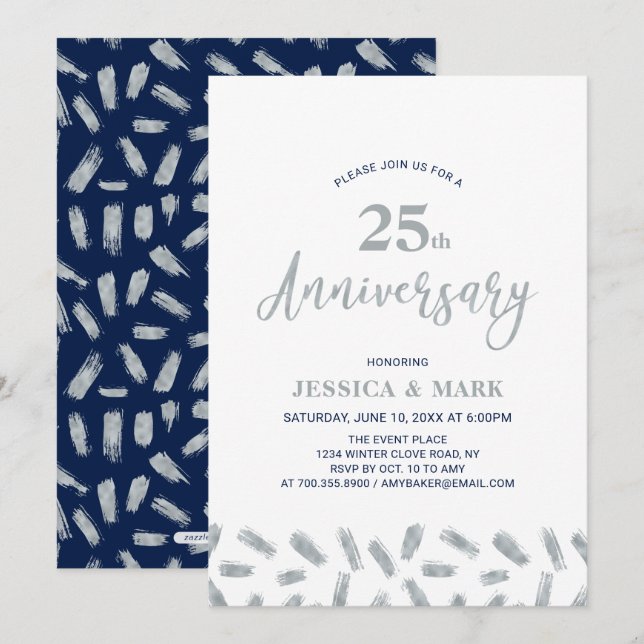 Silver & Navy | Modern 25th Wedding Anniversary Invitation (Front/Back)