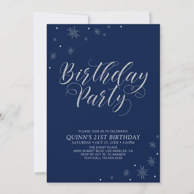 Silver & Navy Modern Photo Adult Birthday Party Invitation (Front)