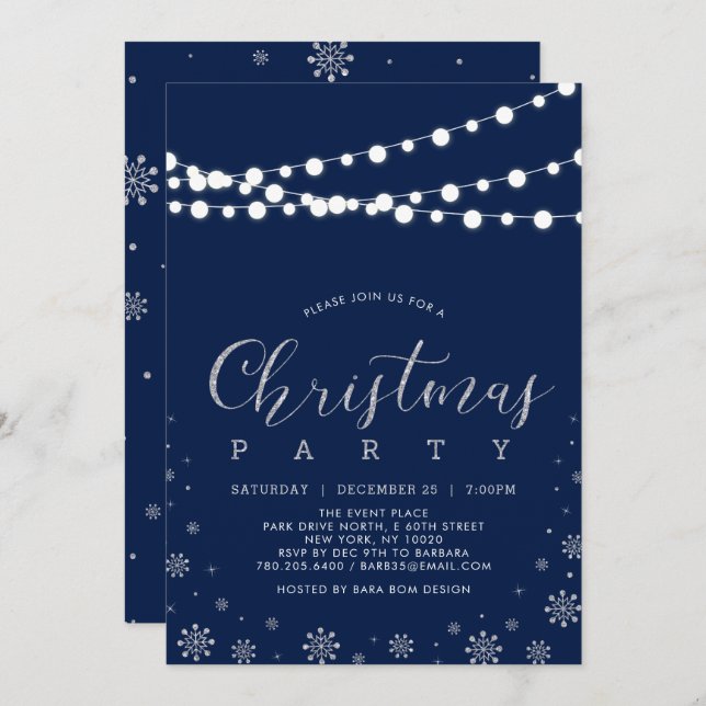 Silver & Navy | Modern Snowflakes Christmas Party Invitation (Front/Back)