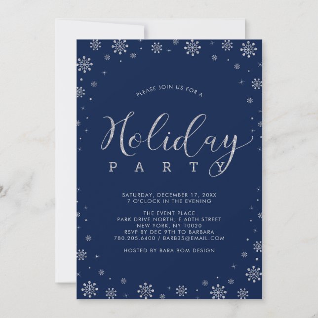 Silver & Navy | Modern Snowflakes Holiday Party Invitation (Front)