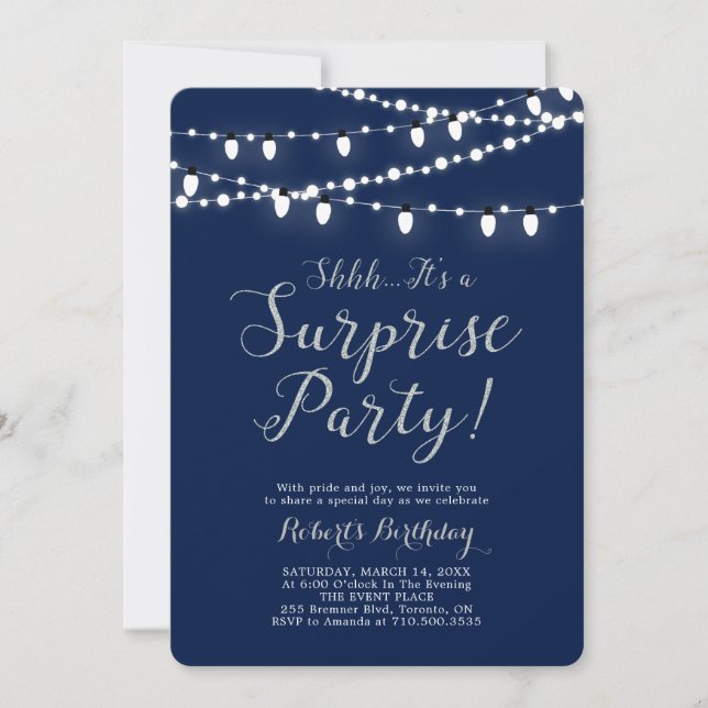 Silver & Navy | Modern Surprise Birthday Party Invitation (Front)