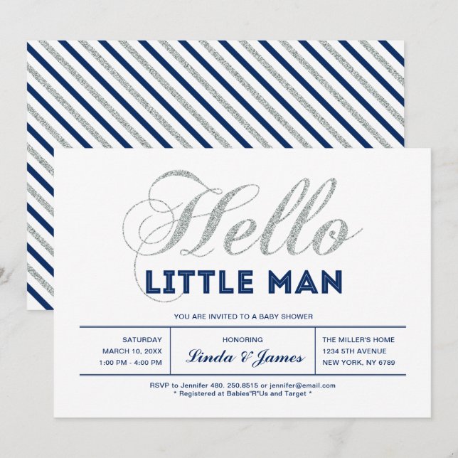 Silver, Navy | Modern Typography Boy Baby Shower Invitation (Front/Back)