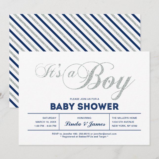 Silver, Navy | Modern Typography Boy Baby Shower Invitation (Front/Back)