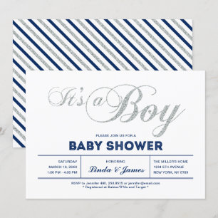 Silver, Navy   Modern Typography Boy Baby Shower Invitation
