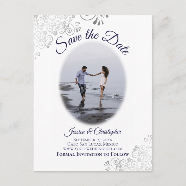Silver & Navy on White Photo Wedding Save the Date Announcement Postcard (Front)