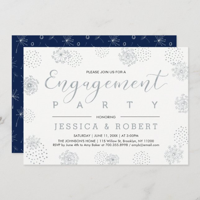 Silver & Navy | Simple Modern Engagement Party Invitation (Front/Back)