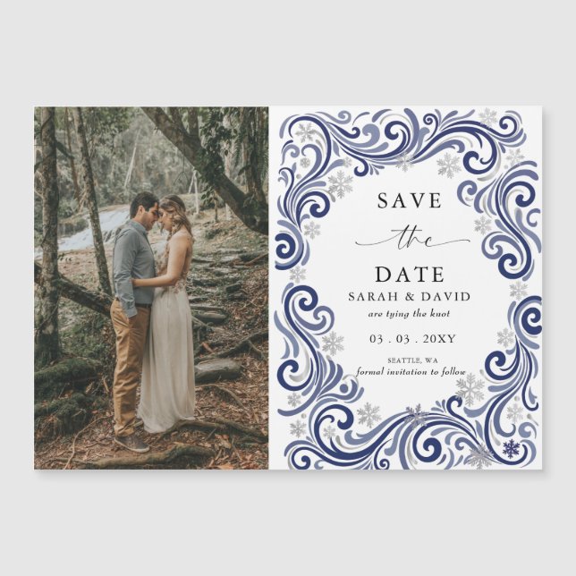 Silver Navy Snowflake Winter Photo Save the Date (Front)