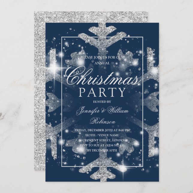 Silver Navy Snowflake Xmas Holiday Party   Invitation (Front/Back)