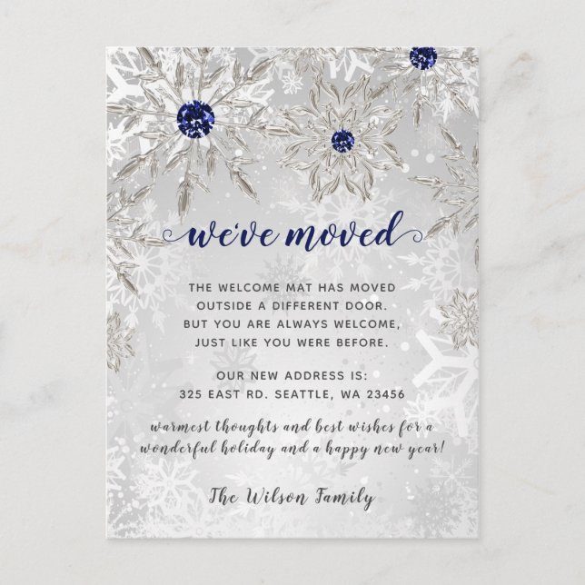 Silver Navy Snowflakes Holiday Moving Announcement Postcard (Front)