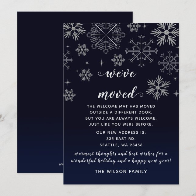 Silver Navy Snowflakes We've Moved Holiday Cards (Front/Back)