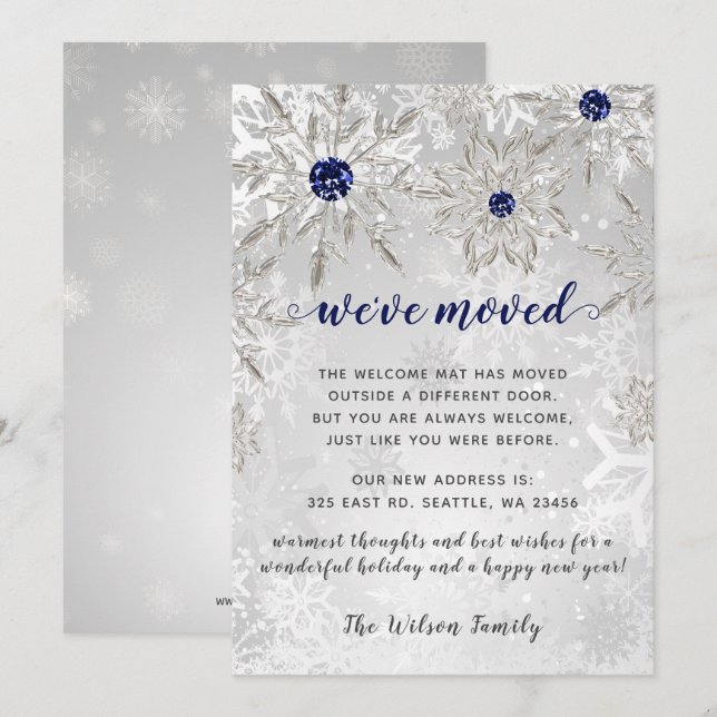 Silver Navy Snowflakes We've Moved Holiday Cards (Front/Back)