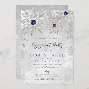 Silver Navy Snowflakes Winter Engagement Party Invitation