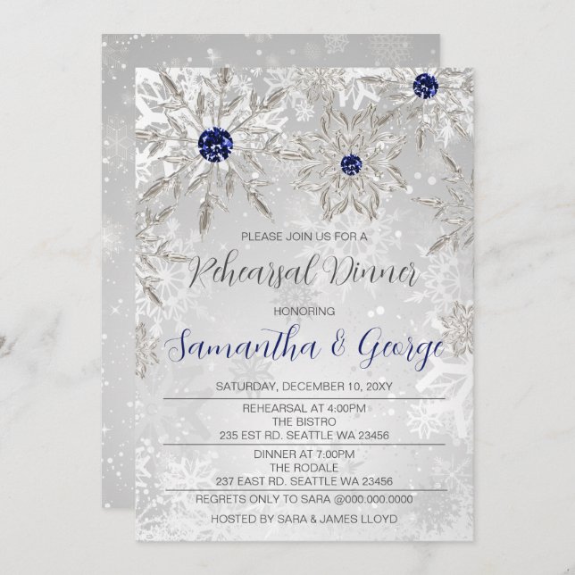 Silver Navy Snowflakes Winter Rehearsal Dinner Invitation (Front/Back)