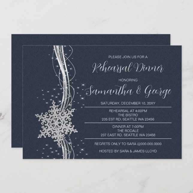 Silver Navy Snowflakes Winter Rehearsal Dinner  Invitation (Front/Back)
