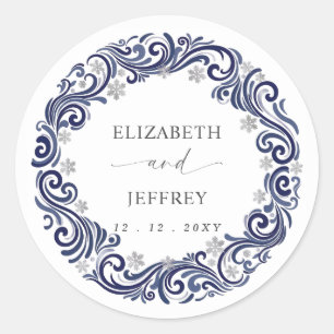 Silver Navy Snowflakes Winter Wedding Classic Round Sticker