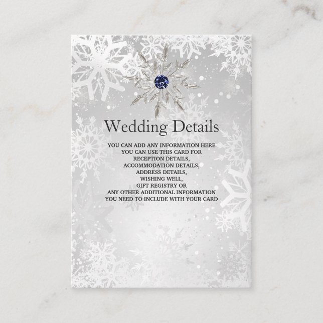 silver navy snowflakes winter Wedding Details Card (Front)