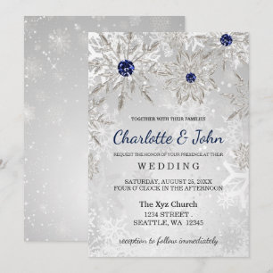 silver navy snowflakes winter wedding invitation