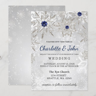 silver navy snowflakes winter wedding invitation
