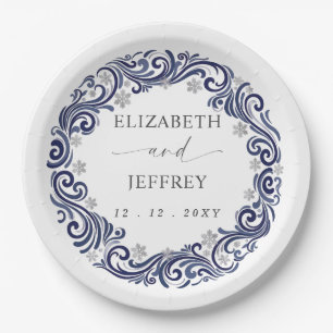 Silver Navy Snowflakes Winter Wedding Paper Plate