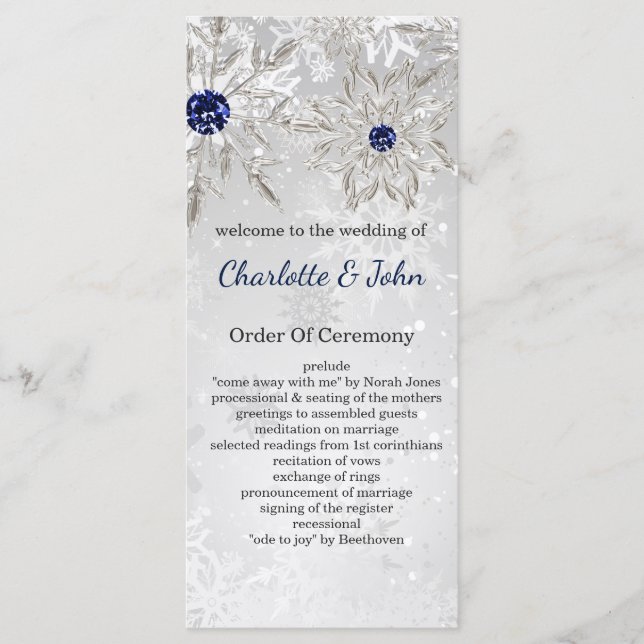 silver navy snowflakes winter wedding programs programme (Front)