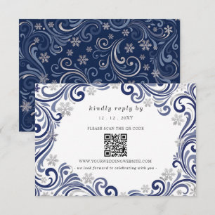 Silver Navy Snowflakes Winter Wedding QR Code RSVP Card