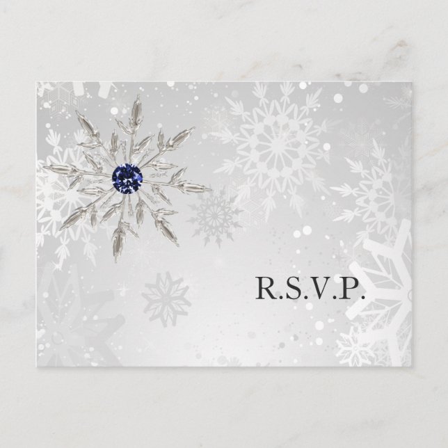 silver navy snowflakes winter wedding rsvp invitation postcard (Front)