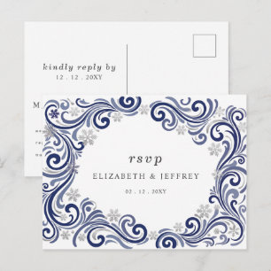 Silver Navy Snowflakes Winter Wedding RSVP Postcard