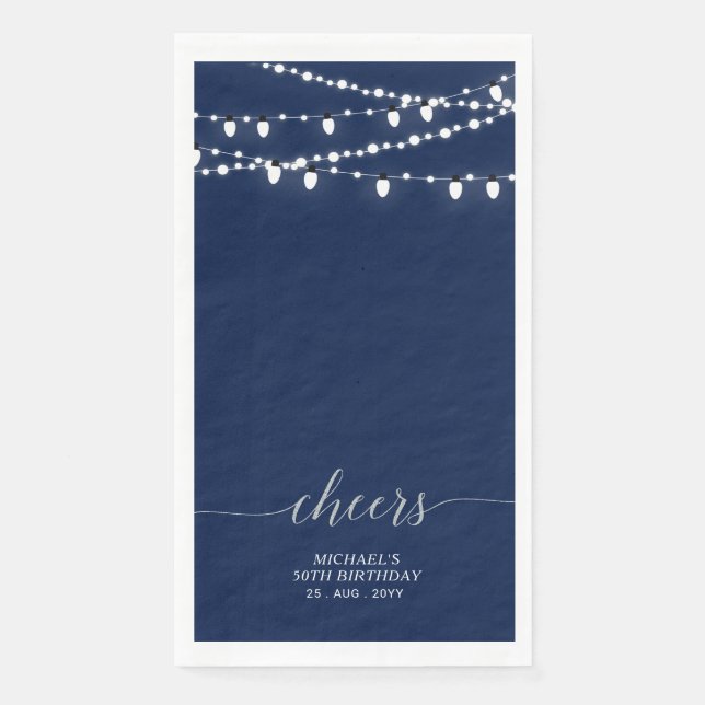 Silver Navy String Light Elegant Lettering Cheers Napkin (Front)