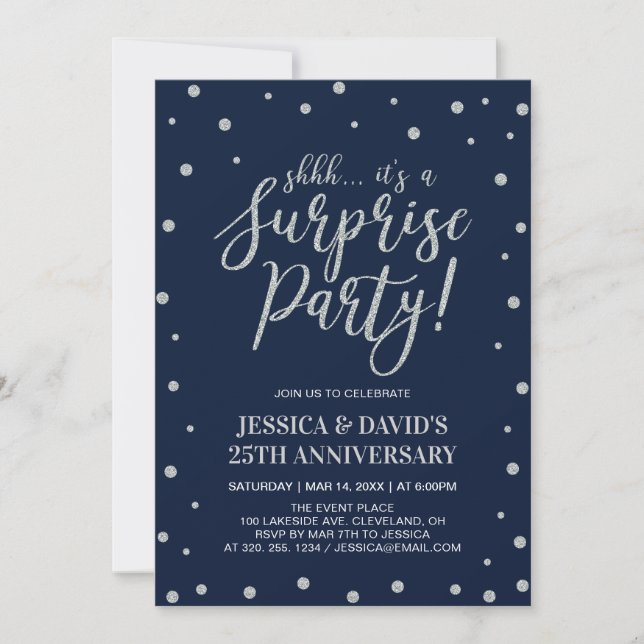 Silver & Navy, Surprise 25th Wedding Anniversary Invitation (Front)