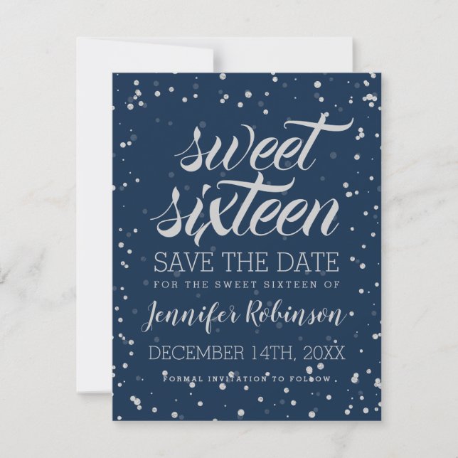 Silver Navy Sweet 16 Save Date Sparkle Confetti Save The Date (Front)