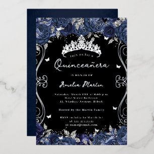 Silver Navy Swirl Scroll Floral Quinceanera